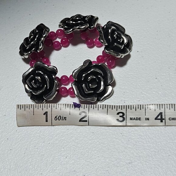 Vintage Silver Tone Carved Rose Pink Beaded Stretch Bracelet Fashion Jewelry - Picture 4 of 4